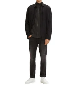 Cardigan en coton noir uni maille jersey à coupe droite et col montant