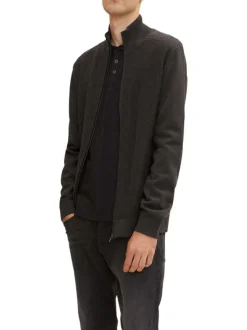 Cardigan en coton noir uni maille jersey à coupe droite et col montant