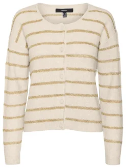 Cardigan en laine mélangée écru rayé avec une coupe droite et un col rond