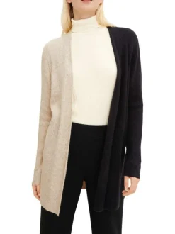 Cardigan long en coton et laine beige bicolore avec une coupe droite et col v