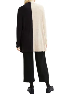 Cardigan long en coton et laine beige bicolore avec une coupe droite et col v