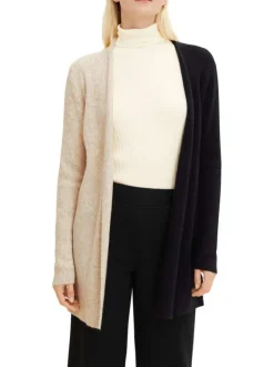 Cardigan long en coton et laine beige bicolore avec une coupe droite et col v