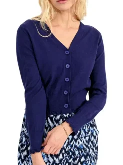 Cardigan marine uni avec une coupe cropped un col v et des manches longues