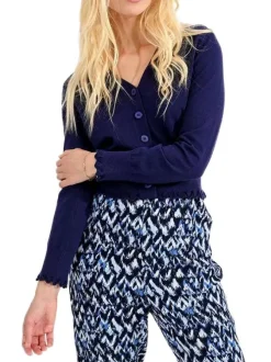 Cardigan marine uni avec une coupe cropped un col v et des manches longues