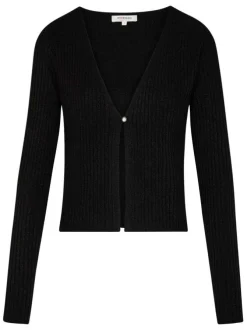 Cardigan noir côtelé à coupe droite col v et à manches longues