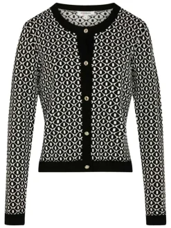 Cardigan noir à losanges bicolores et à coupe ajustée avec un col rond