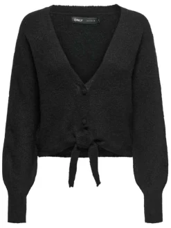 Cardigan noir uni avec une coupe droite à col v et des manches longues