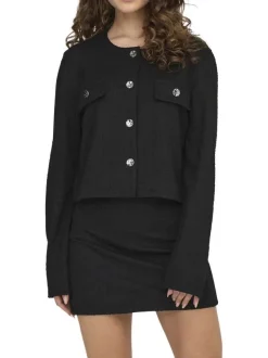 Cardigan noir uni texturé à coupe courte avec des poches à rabat à la poitrine