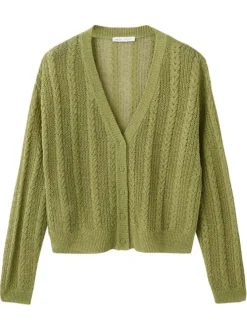Cardigan olive uni pourvu d'une coupe droite et de manches longues