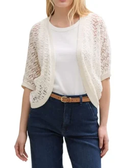 Cardigan ouvert en coton écru uni en crochet ajouré et à manches courtes