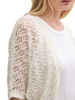 Cardigan ouvert en coton écru uni en crochet ajouré et à manches courtes
