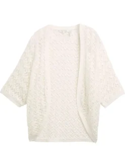 Cardigan ouvert en coton écru uni en crochet ajouré et à manches courtes