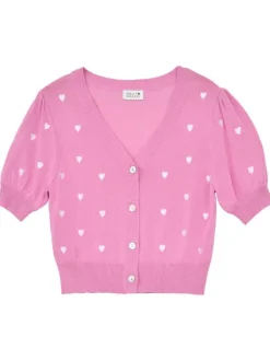 Cardigan rose avec des cœurs imprimés à col v et coupe droite
