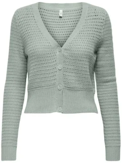 Cardigan vert d'eau uni en crochet ajouré avec une coupe droite et un col v