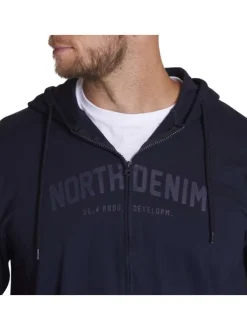 Cardigan zippé à capuche uni marine en coton et 2 poches latérales