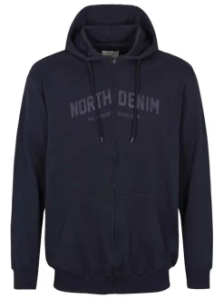 Cardigan zippé à capuche uni marine en coton et 2 poches latérales