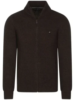 Cardigan zippé en laine noir avec une coupe droite col camionneur et maille moulinée