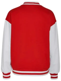 Cardigan zippé rouge et blanc avec une coupe oversize et un col teddy