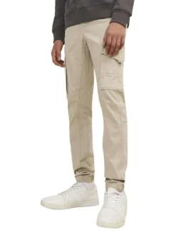 Cargo en coton biologique beige uni à coupe slim fit et à taille mi-haute