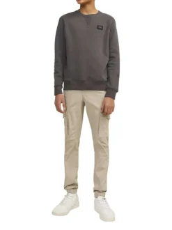 Cargo en coton biologique beige uni à coupe slim fit et à taille mi-haute