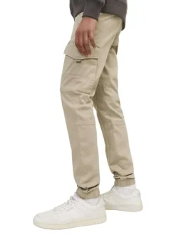 Cargo en coton biologique beige uni à coupe slim fit et à taille mi-haute
