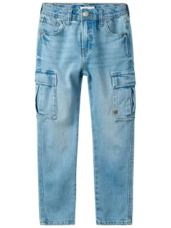 Cargo en coton bleu stone uni avec une coupe slim et une taille mi-haute