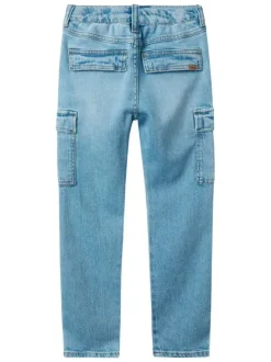 Cargo en coton bleu stone uni avec une coupe slim et une taille mi-haute