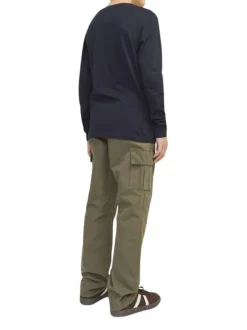 Cargo en coton kaki uni à coupe regular fit et à taille mi-haute
