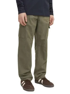 Cargo en coton kaki uni à coupe regular fit et à taille mi-haute