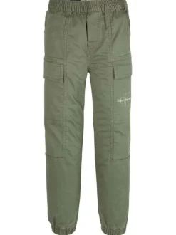Cargo en coton kaki uni à taille et ourlets élastiqués et avec une coupe slim