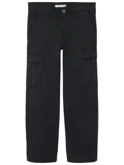 Cargo en coton noir uni avec une coupe regular fit et une taille basse