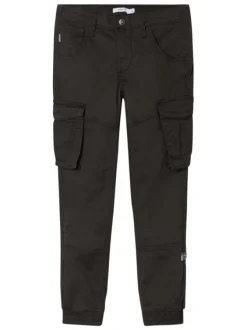 Cargo en coton noir uni avec une coupe slim élastiquée aux ourlets et 6 poches