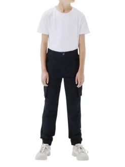 Cargo en coton noir uni avec une coupe slim élastiquée aux ourlets et 6 poches