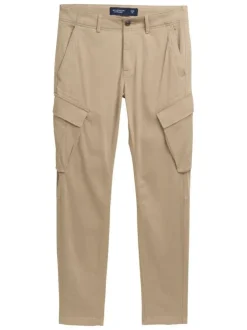 Cargo en coton beige uni ajusté avec poches à rabats de travers