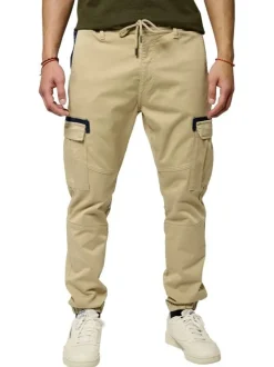 Cargo en coton beige uni à coupe regular fit avec un cordon à nouer à la taille