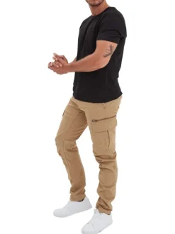 Cargo en coton beige uni à coupe regular fit et à poches à rabat sur les côtés
