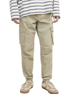 Cargo en coton écru uni avec une coupe droite et une taille élastiquée