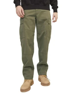 Cargo en coton kaki uni avec une coupe droite et une taille mi-haute