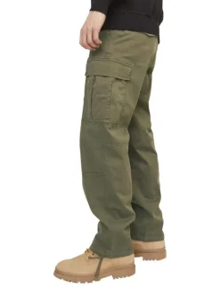 Cargo en coton kaki uni avec une coupe droite et une taille mi-haute