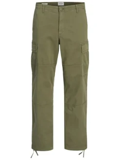Cargo en coton kaki uni avec une coupe droite et une taille mi-haute