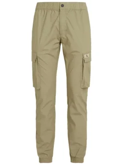 Cargo en coton kaki uni avec une coupe slim et une taille élastiquée