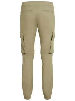 Cargo en coton kaki uni avec une coupe slim et une taille élastiquée