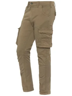 Cargo en coton kaki uni avec une coupe slim fit et des poches à rabat