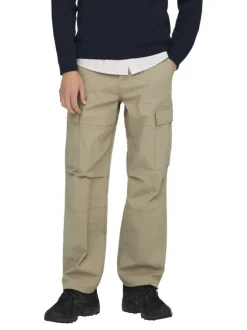 Cargo en coton mélangé beige uni à coupe regular fit avec des lacets sur le bas