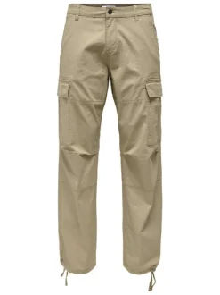Cargo en coton mélangé beige uni à coupe regular fit avec des lacets sur le bas