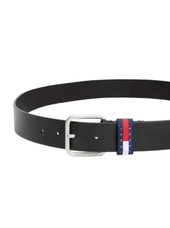 Ceinture en cuir lisse noire unie à boucle carrée argentée et à passant logo