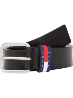 Ceinture en cuir lisse noire unie à boucle carrée argentée et à passant logo