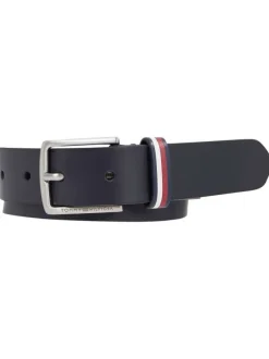 Ceinture en cuir marine unie avec nom de la marque gravé sur la boucle