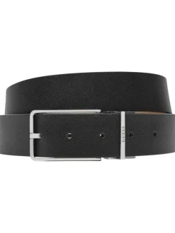 Ceinture en cuir noire unie avec boucle métallique argentée gravée