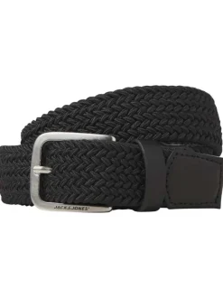 Ceinture noire unie tressée avec une boucle argentée et nom de la marque gravé